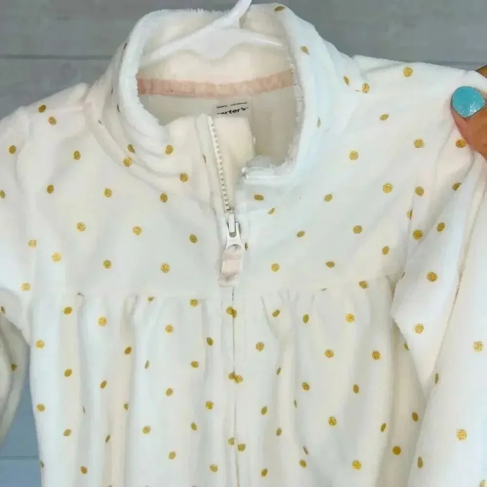 Carter’s white/gold polka dot fleece jumpsuit Size 24 months